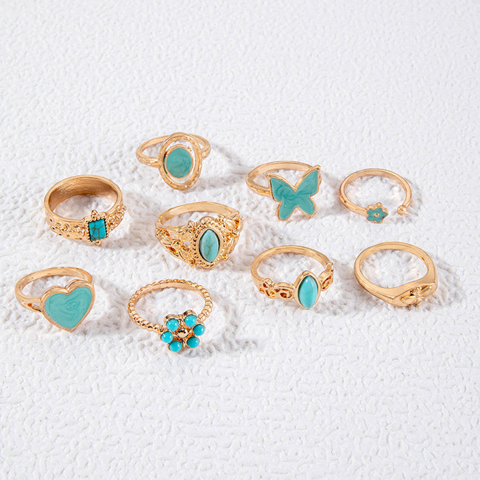 Vintage Enamel Heart Butterfly Ring Set - 9pcs Geometric Flower Rings