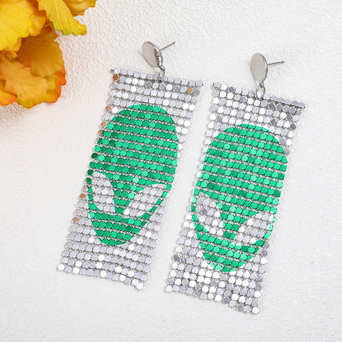 Halloween Printed Aluminum Metal Mesh Earrings with Bat and Alien Designs