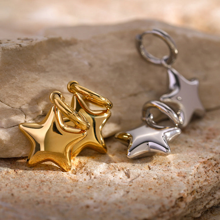 16K gold stainless steel polished three-dimensional five-pointed star earrings with simple design