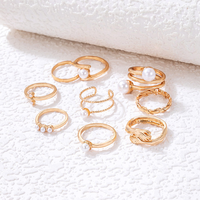 Elegant Pearl Ring Set - 9-Piece Geometric Twisted Hand Rings