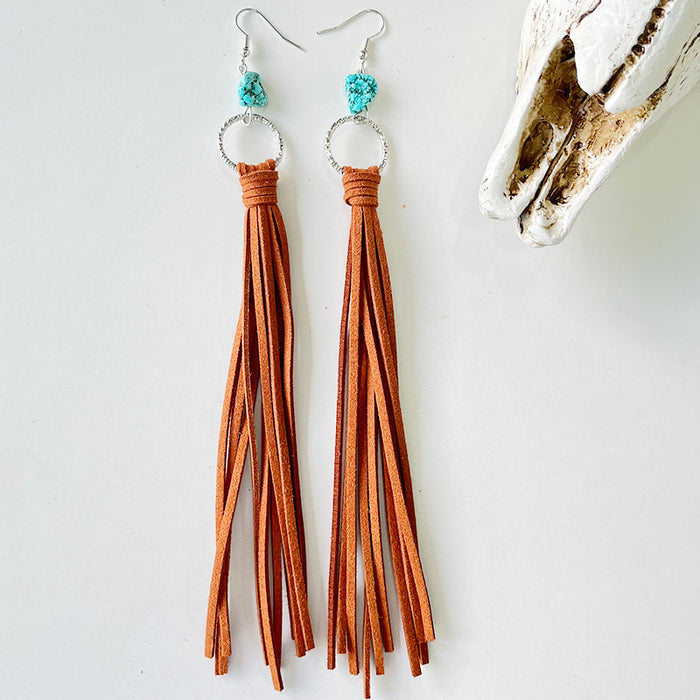 Exaggerated Western Bohemian Leather Tassel Earrings with Turquoise Hoops