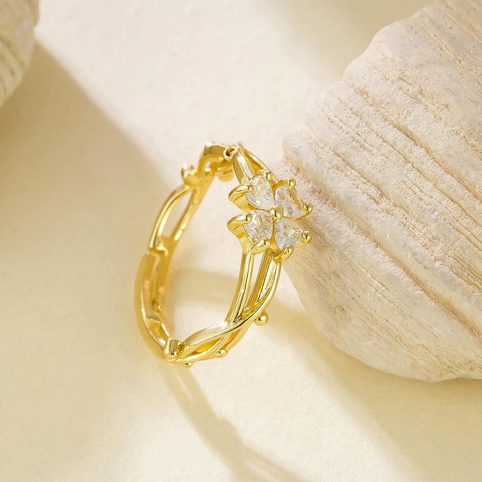 Wholesale zircon heart-shaped four-leaf clover open ring
