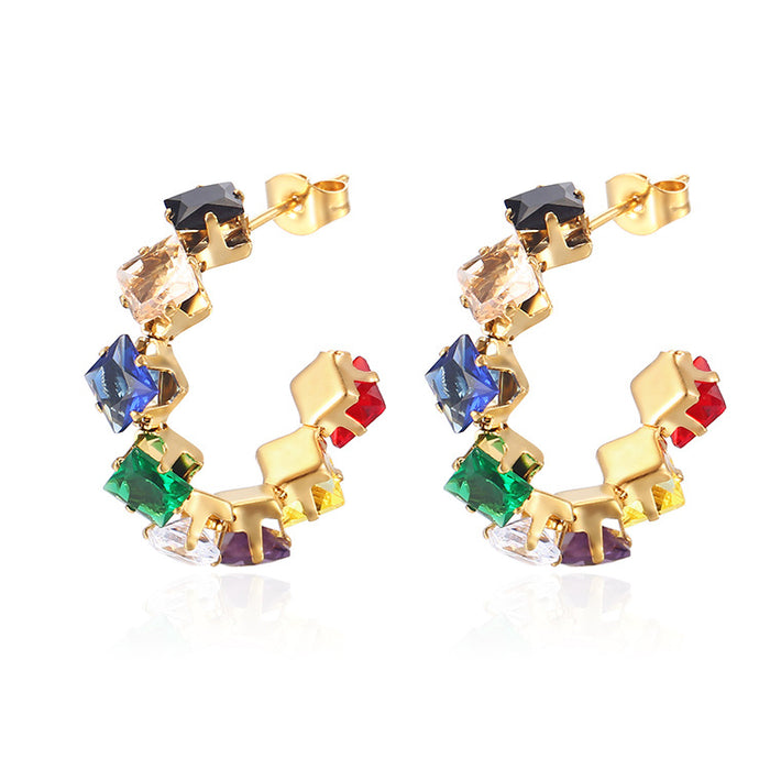 Zircon earrings simple square claw titanium steel stainless steel earrings