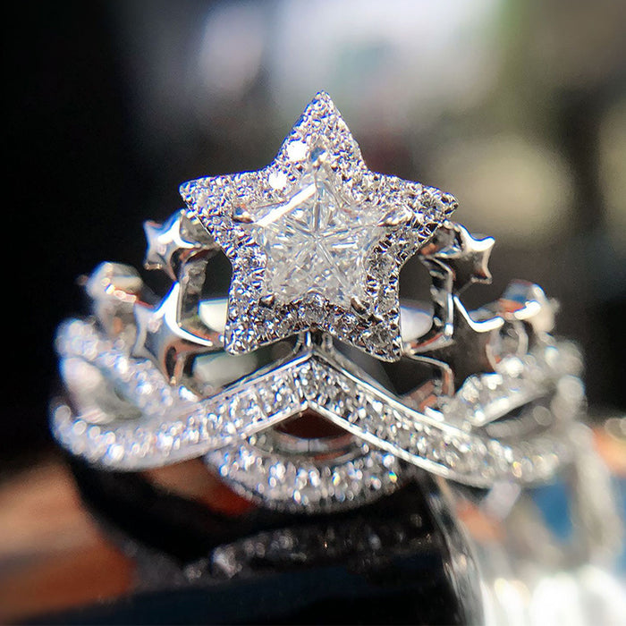 Anillo de circonita con estrella de cinco puntas, anillo de lujo con corona para mujer