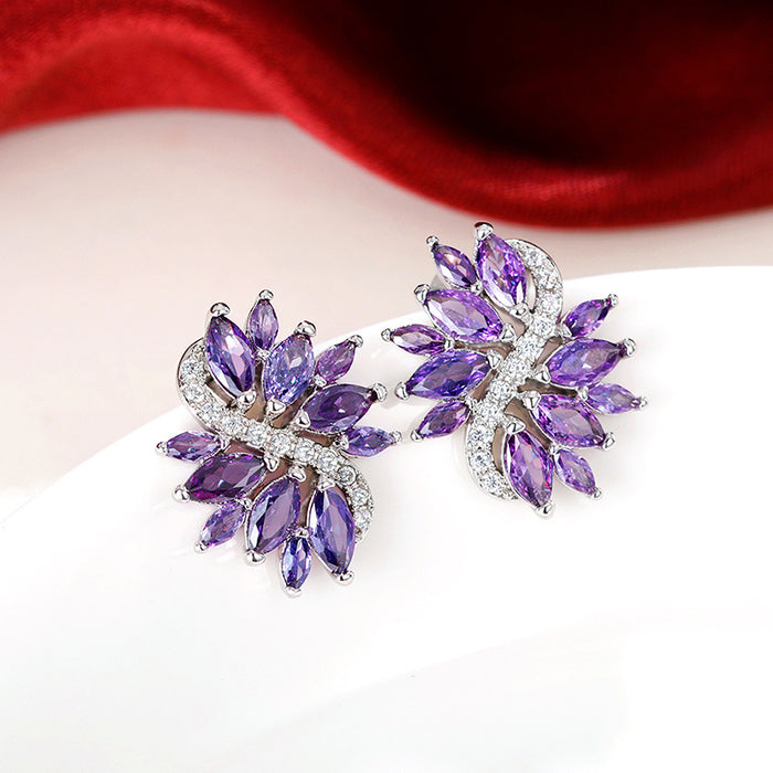 Pendientes de circonita con diseño floral morado y temperamento retro