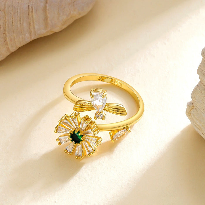 Wholesale copper micro-painted zircon bee and daisy rotating open ring