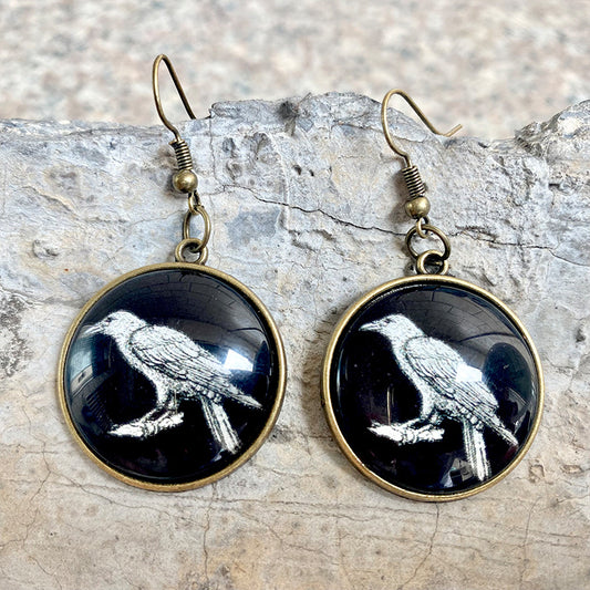 Vintage Glass Earrings with Crow, Black Cat, and Skull for Halloween