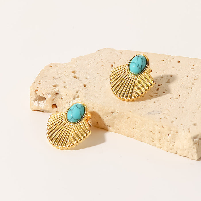 French Style 18K Gold Plated Stainless Steel Green Turquoise Fan Earrings - Vintage Design