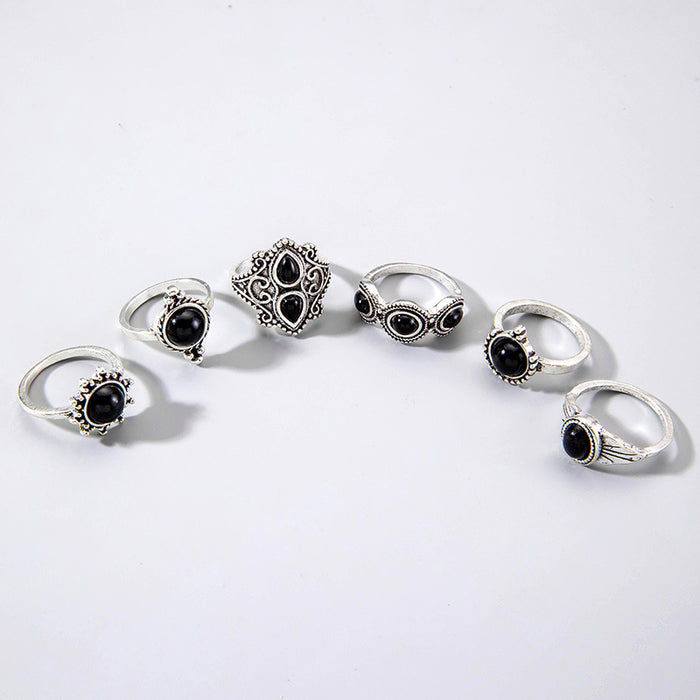 Retro Black Gemstone Eye Ring Set - Geometric Six-Piece Set