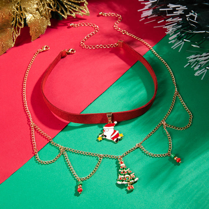 Santa and Christmas Tree Beaded Choker Necklace with Velvet Ribbon