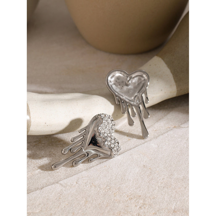 Original Design 18K Gold Stainless Steel Heart-Shaped Flowing Liquid Earrings with Diamonds