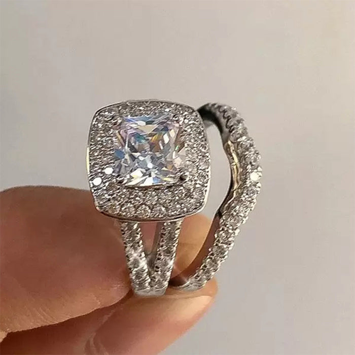 Exquisito anillo de dos piezas con diamantes cuadrados y circón, regalo de aniversario de boda