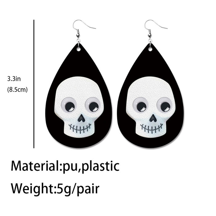 Halloween PU Leather Earrings with Blue Moon and Black Cat Design