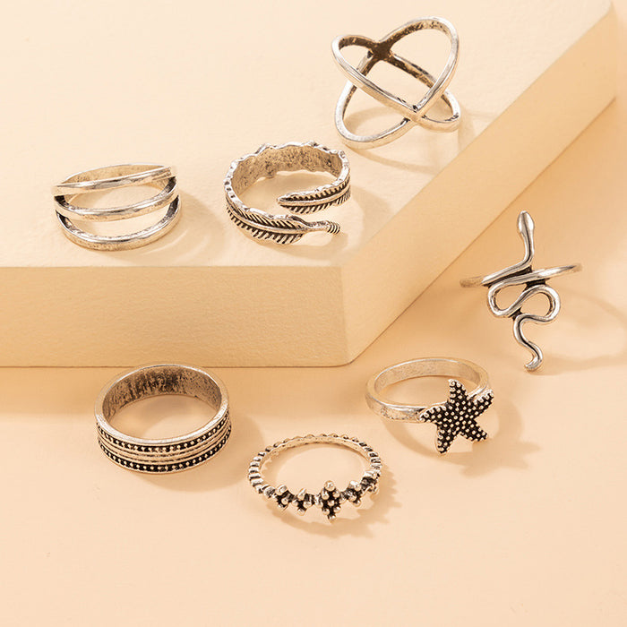 Vintage cross starfish feather ring, geometric snake element flower seven-piece set