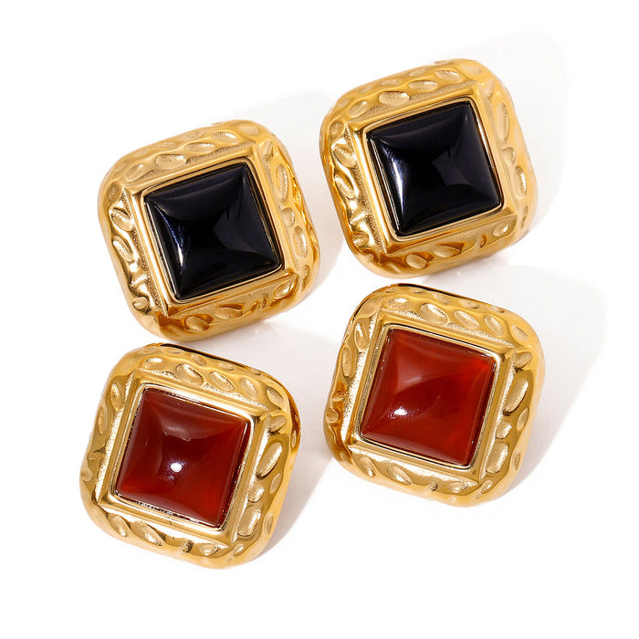 European Vintage Hammered Square Earrings - 18K Gold-Plated Stainless Steel Red Agate Jewelry for Women
