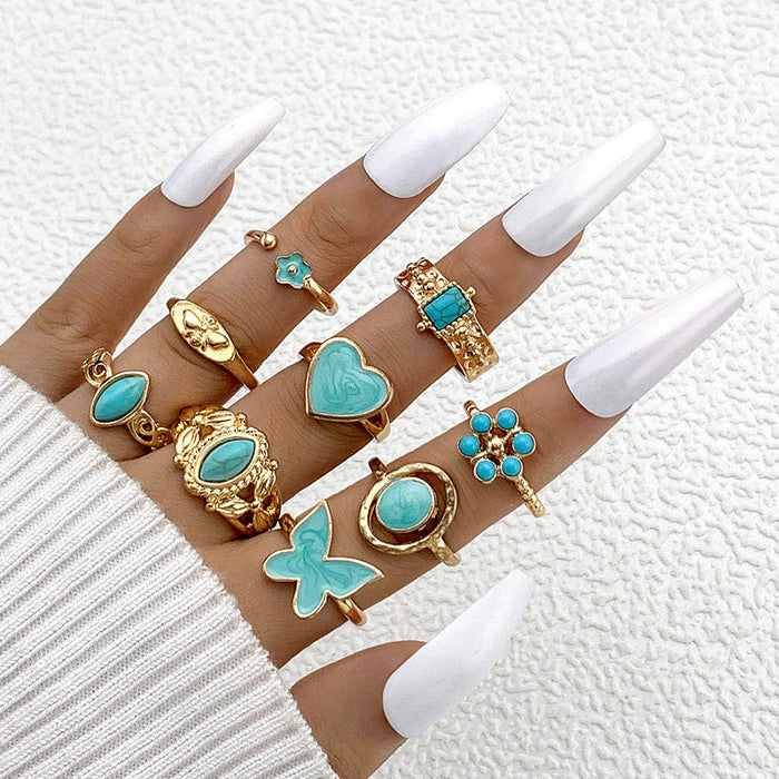 Vintage Enamel Heart Butterfly Ring Set - 9pcs Geometric Flower Rings