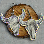 Rhinestone Leather Earrings with Bullhead and Long Hair Design - wallojewerly 