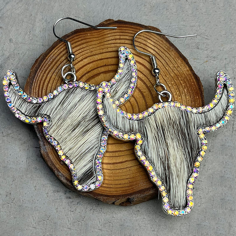 Rhinestone Leather Earrings with Bullhead and Long Hair Design - wallojewerly 