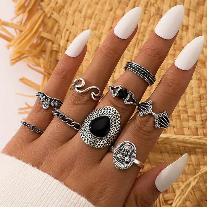 Bohemian Flower Ring Set - 11-Piece Vintage Black Gemstone Rings