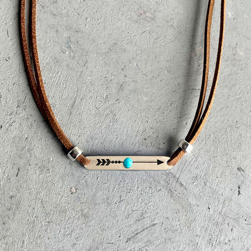 Minimalist Western Cowboy Necklace with Geometric Turquoise Pendant on Leather Cord