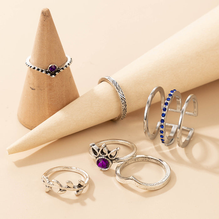 Blue and purple diamond leaf ring six-piece set geometric hollow ring combination