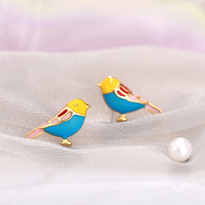 Oil-Drop Colorful Bird Earrings French Small Magazine Earrings