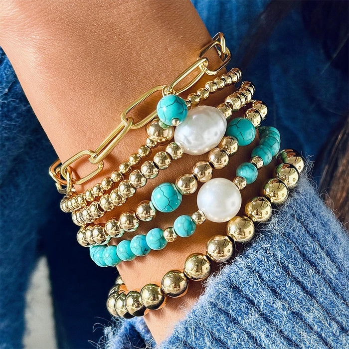 Turquoise Bead Bracelet Set with Bohemian Multilayer Design - Six Pieces