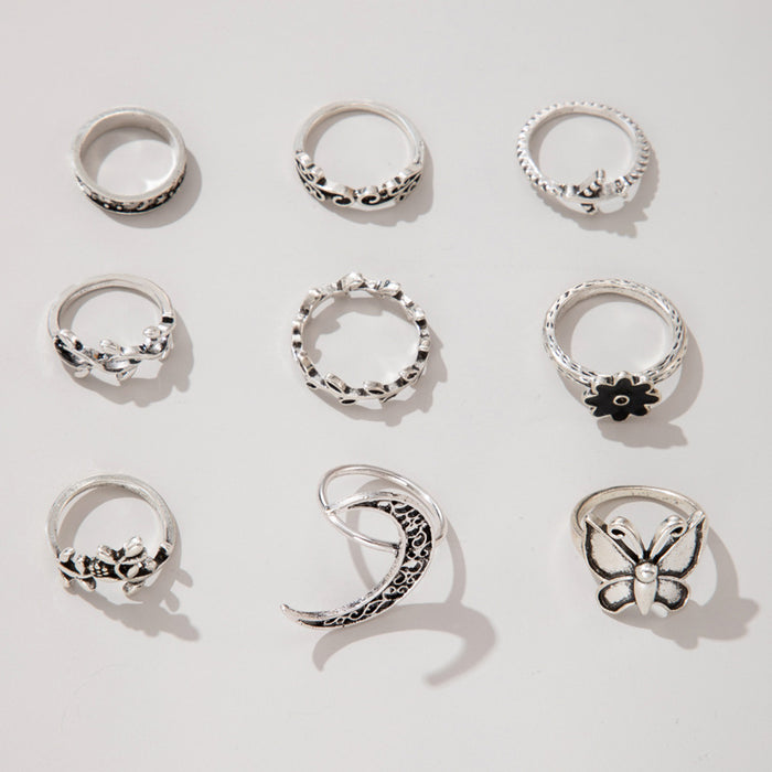 Retro airplane flower leaf moon butterfly ring 9-piece set