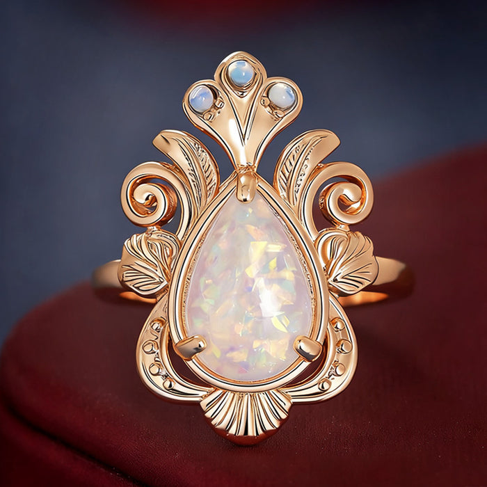 Women's water drop leaf three-claw micro-inlaid imitation opal ring