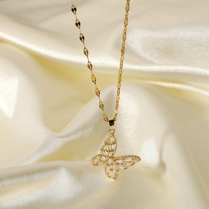 Fashion Crystal Butterfly Necklace - 18K Gold-Plated Stainless Steel with Cubic Zirconia Pendant for Women