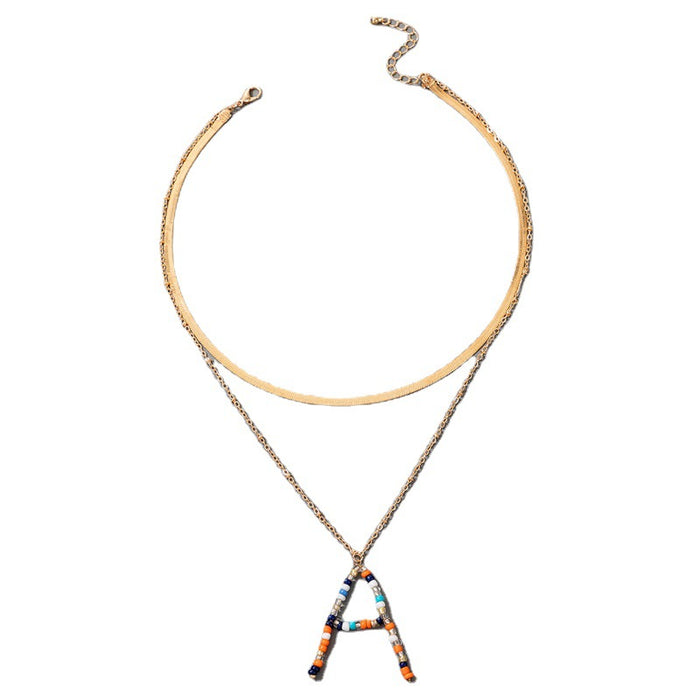 Bohemian Creative Bead English Initial A Alloy Double Layer Necklace