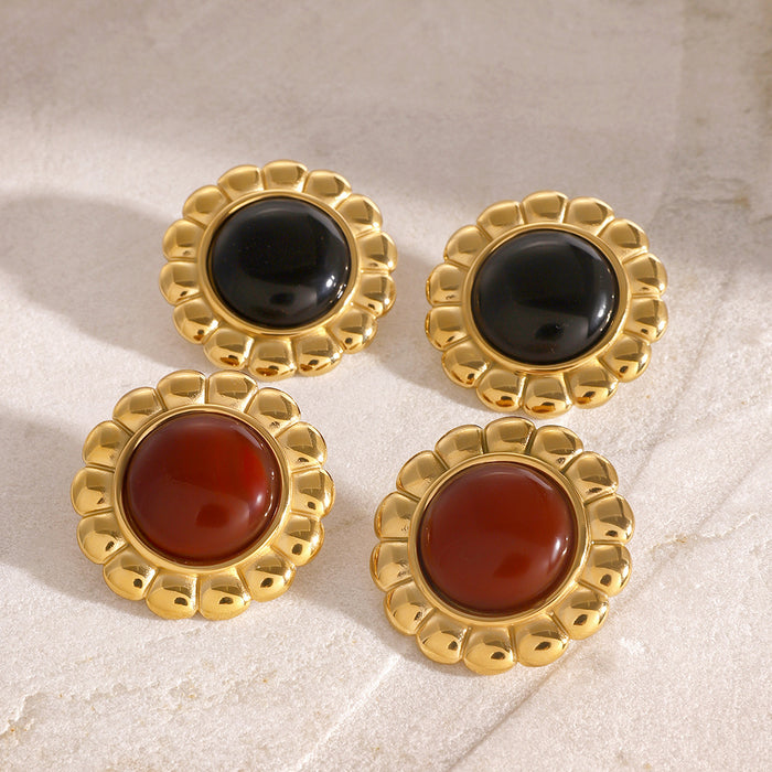 Stainless Steel 18K Gold Flower Black Onyx Earrings Vintage