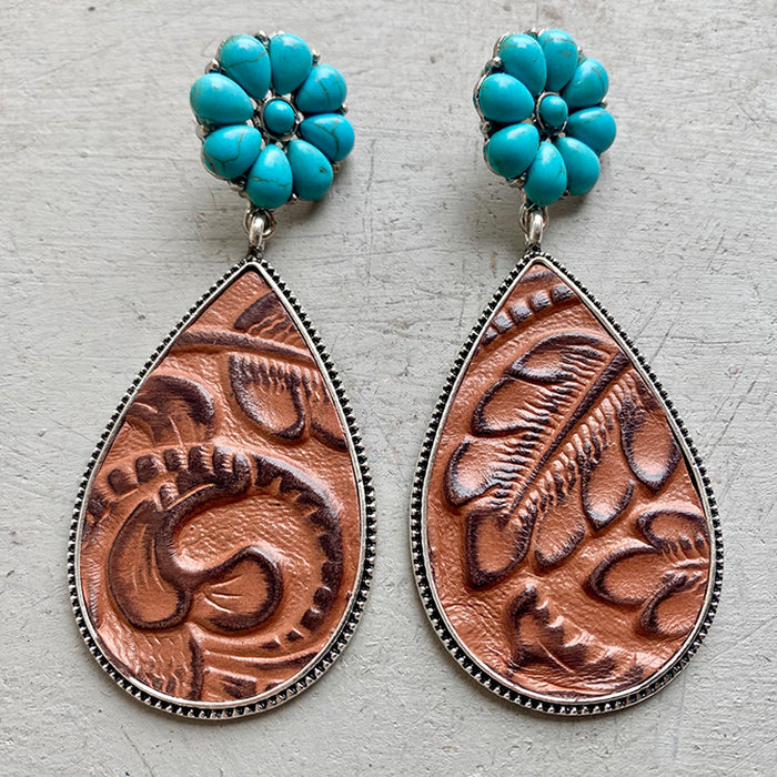 Western Embossed Leather Earrings with Bohemian Floral Turquoise and Pumpkin Flower Design