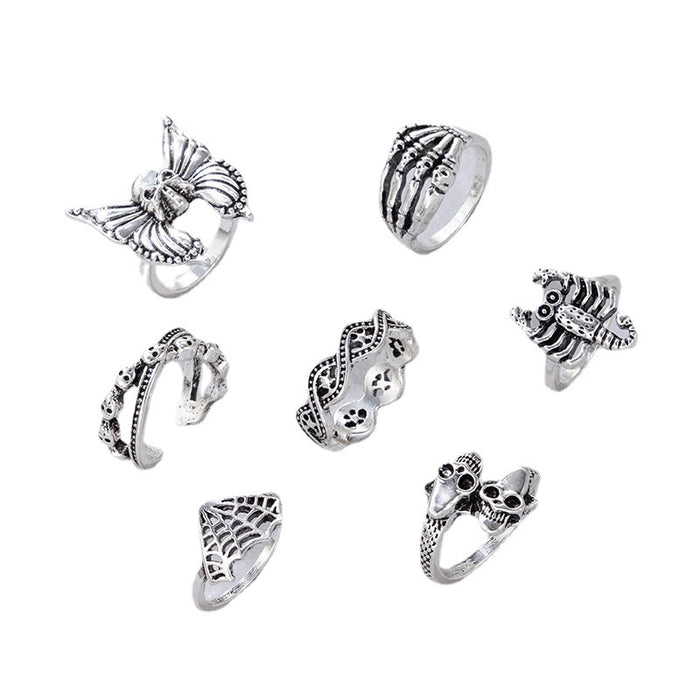 Vintage Layered Ring Set - 7-Piece Butterfly and Skull Rings