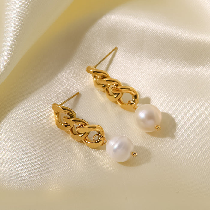 New 18K Gold Plated Baroque Pearl Drop Earrings - Geometric Cuban Link Freshwater Pearl Jewelry