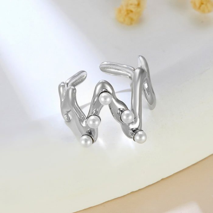 Wholesale stainless steel and titanium steel irregular line pearl-set couple rings