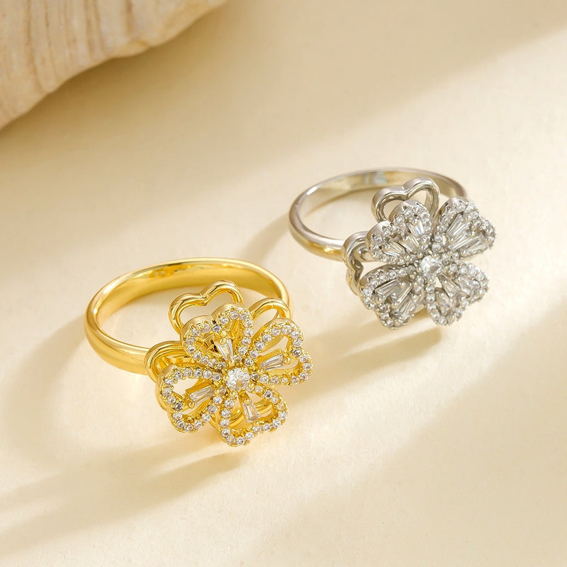 Wholesale micro-painted zircon rotating four-leaf clover open ring - wallojewerly 