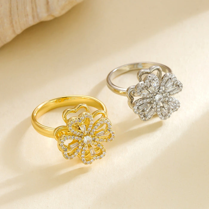 Wholesale micro-painted zircon rotating four-leaf clover open ring