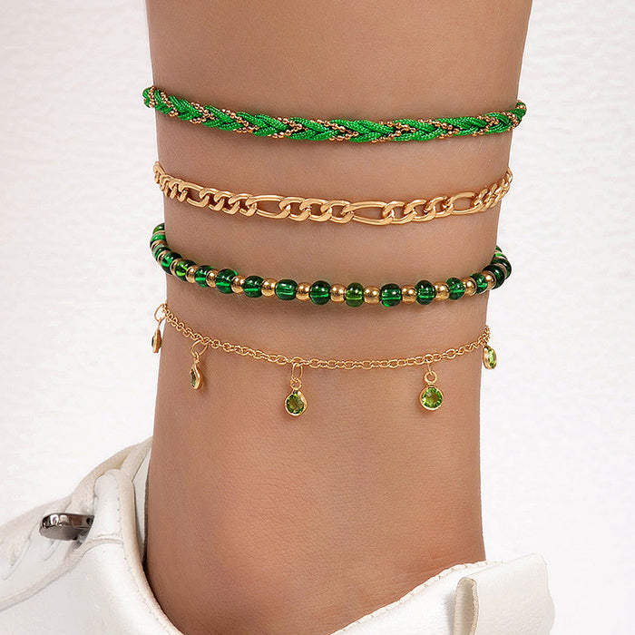 Green Rhinestone Tassel Anklet Set - Multilayer Boho Style Jewelry