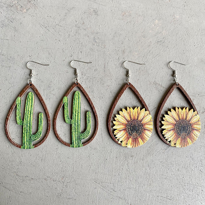 Wooden droplet sunflower earrings