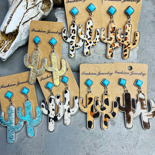 Western Cactus and Turquoise Leather Earrings with Cowhide and Alloy Design