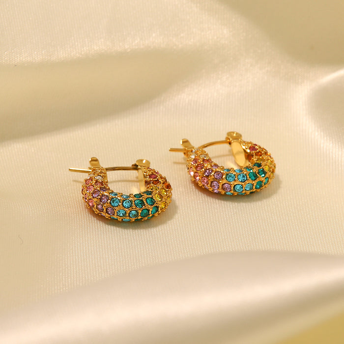 European Style New 18K Gold-Plated Full Pave Rainbow Zircon Earrings - Fashionable Jewelry for Women