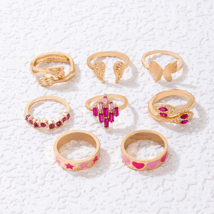 Pink oil drop heart star ring set, butterfly wings palm snake eight-piece set