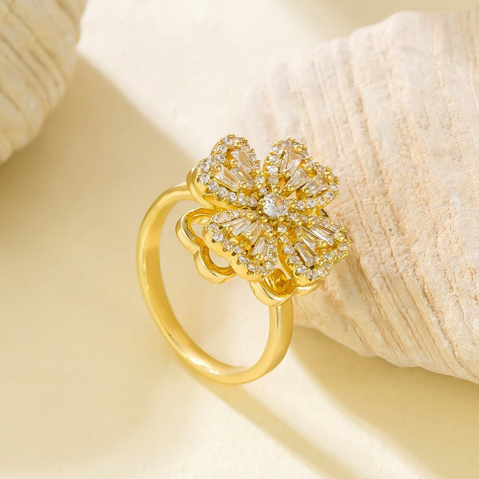 Wholesale copper micro-set zircon gold heart and four-leaf clover rotating open ring