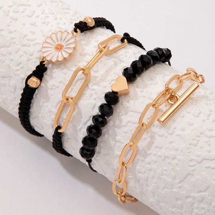 Vintage Daisy and Black Bead Bracelet Set - Four-Piece Unisex Jewelry