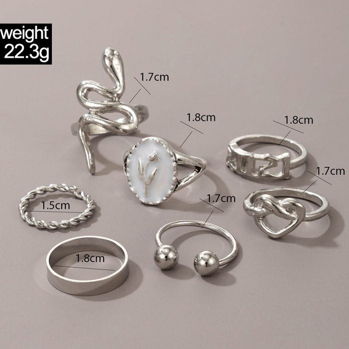 Animal snake shape love heart oil drop flower ring 7 piece set