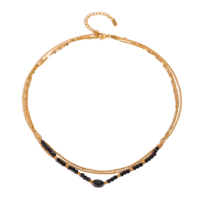 Black crystal natural stone multi-layer necklace, European and American stainless steel light luxury design