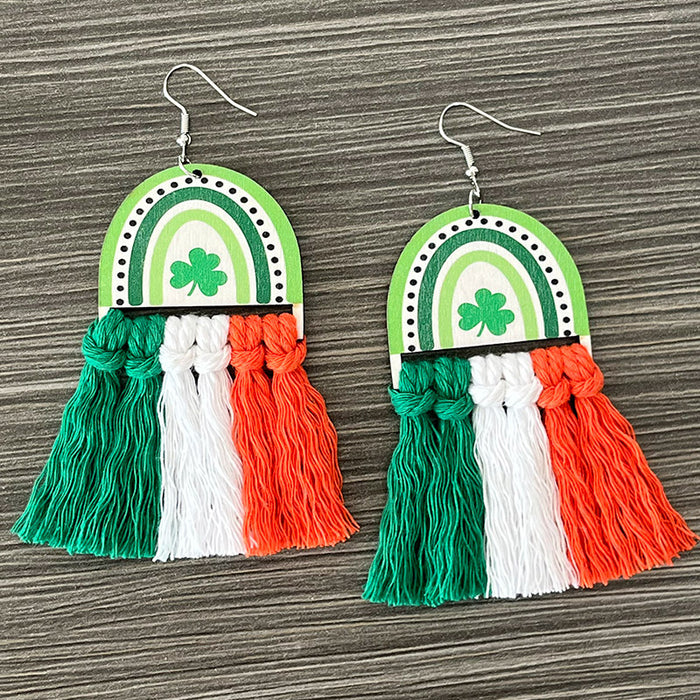 St. Patrick's Day Tassel Earrings with Rainbow and Clover Design