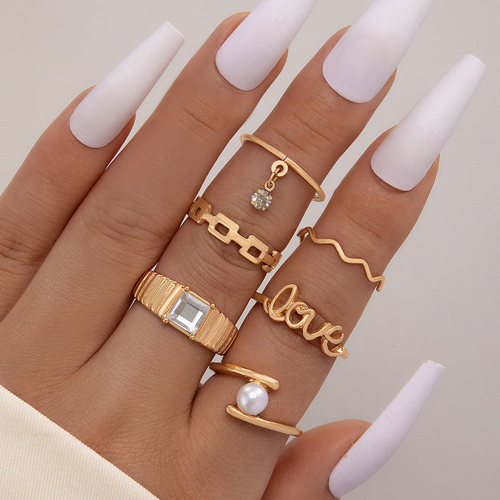 Pearl Letter Wave Hollow Square Six-Piece Ring Set