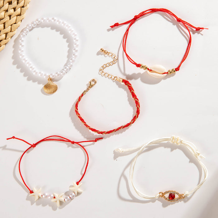 Shell and Evil Eye Bracelet Set - Five-Piece Summer Pearl Jewelry